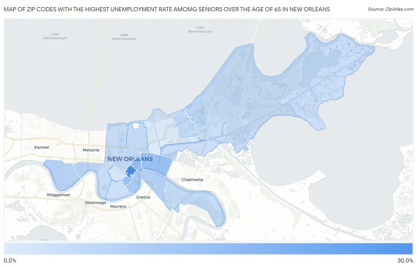 Zip Codes with the Highest Unemployment Rate Amomg Seniors Over the Age of 65 in New Orleans Map