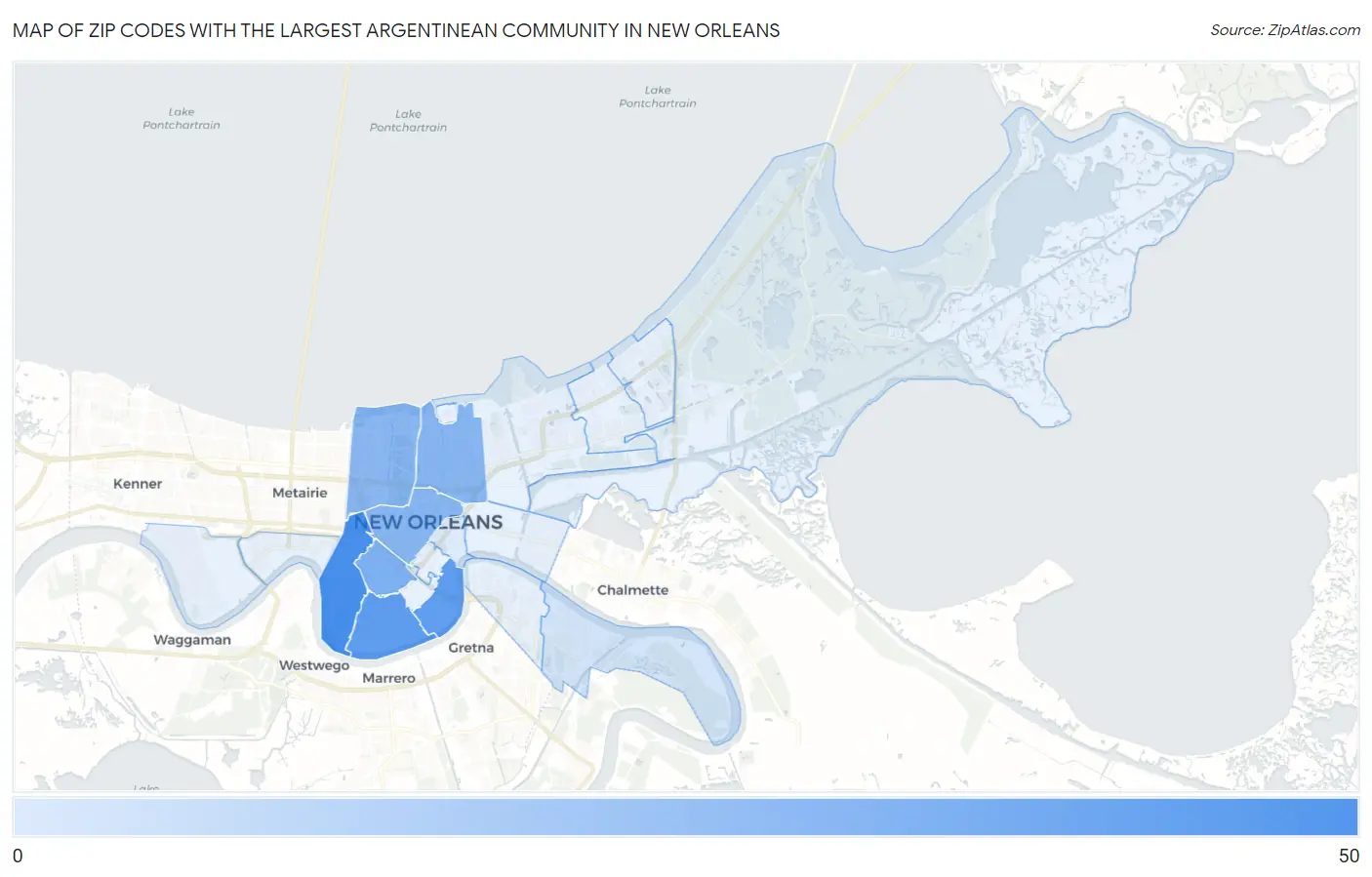 Zip Codes with the Largest Argentinean Community in New Orleans Map