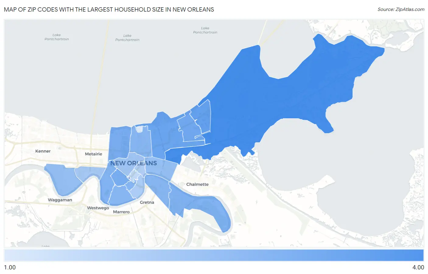 Zip Codes with the Largest Household Size in New Orleans Map