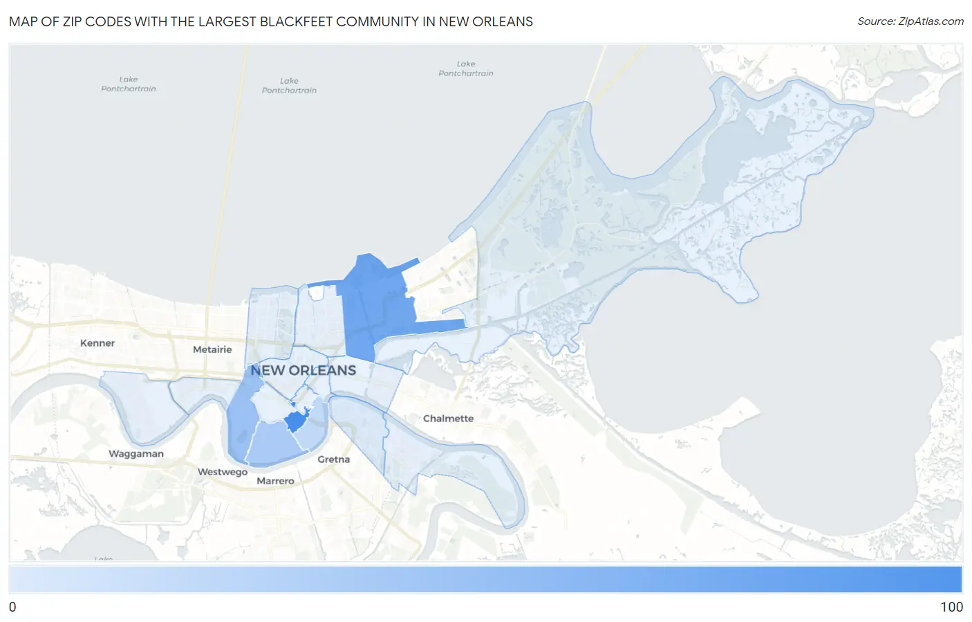 Zip Codes with the Largest Blackfeet Community in New Orleans Map
