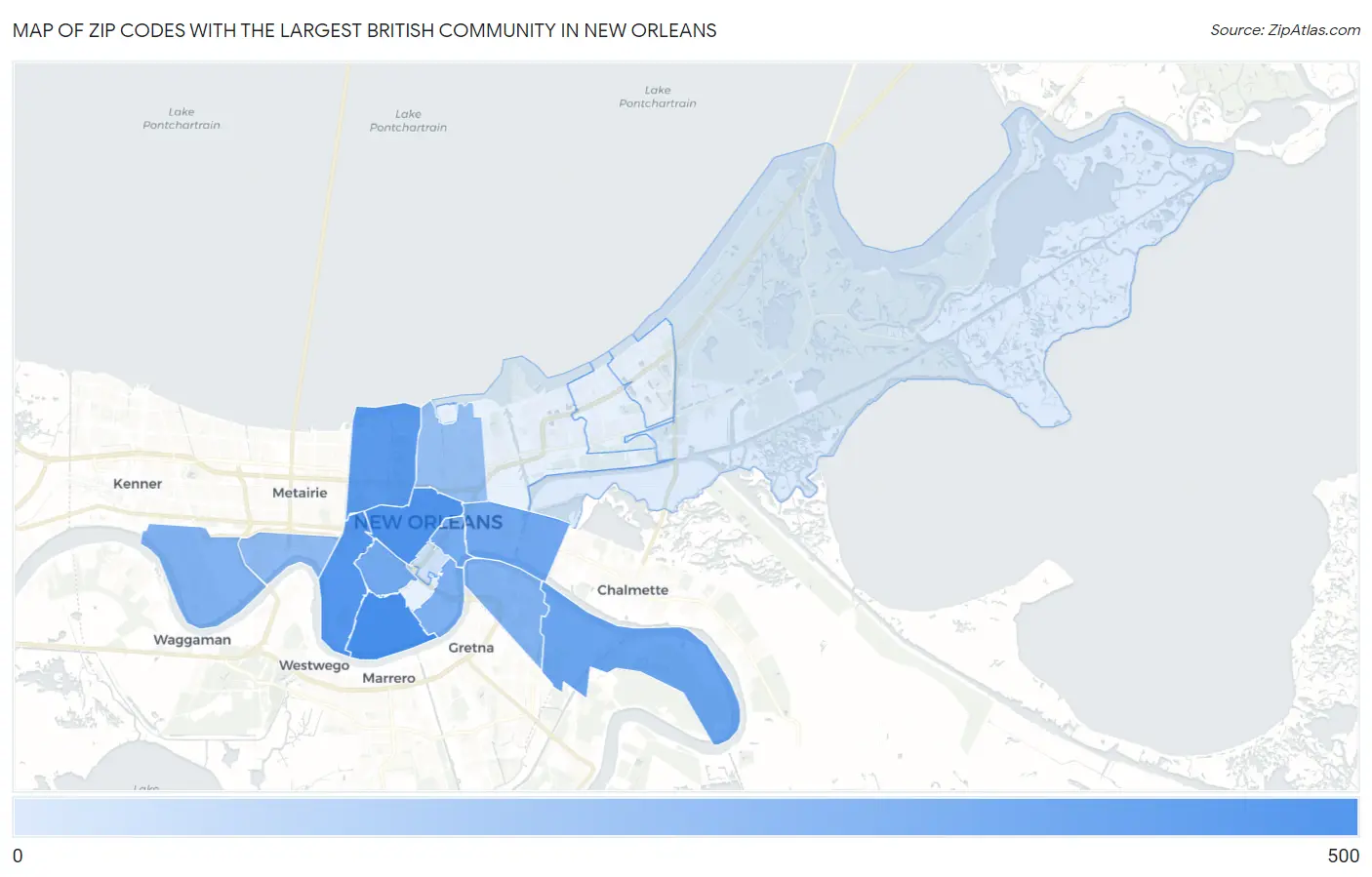 Zip Codes with the Largest British Community in New Orleans Map