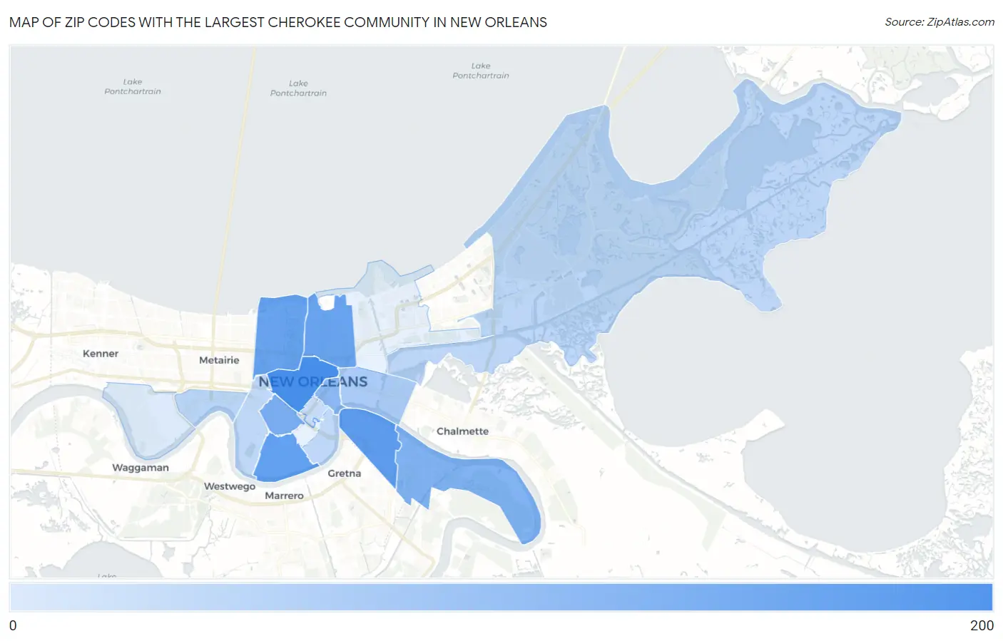 Zip Codes with the Largest Cherokee Community in New Orleans Map