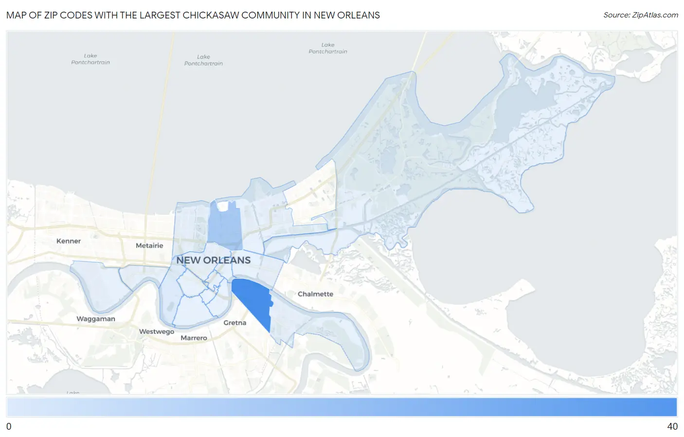 Zip Codes with the Largest Chickasaw Community in New Orleans Map