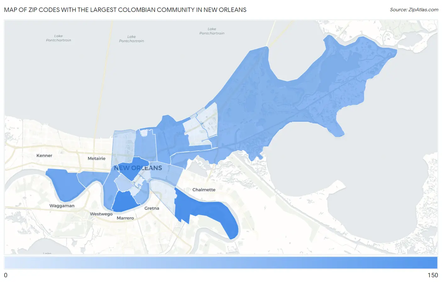 Zip Codes with the Largest Colombian Community in New Orleans Map
