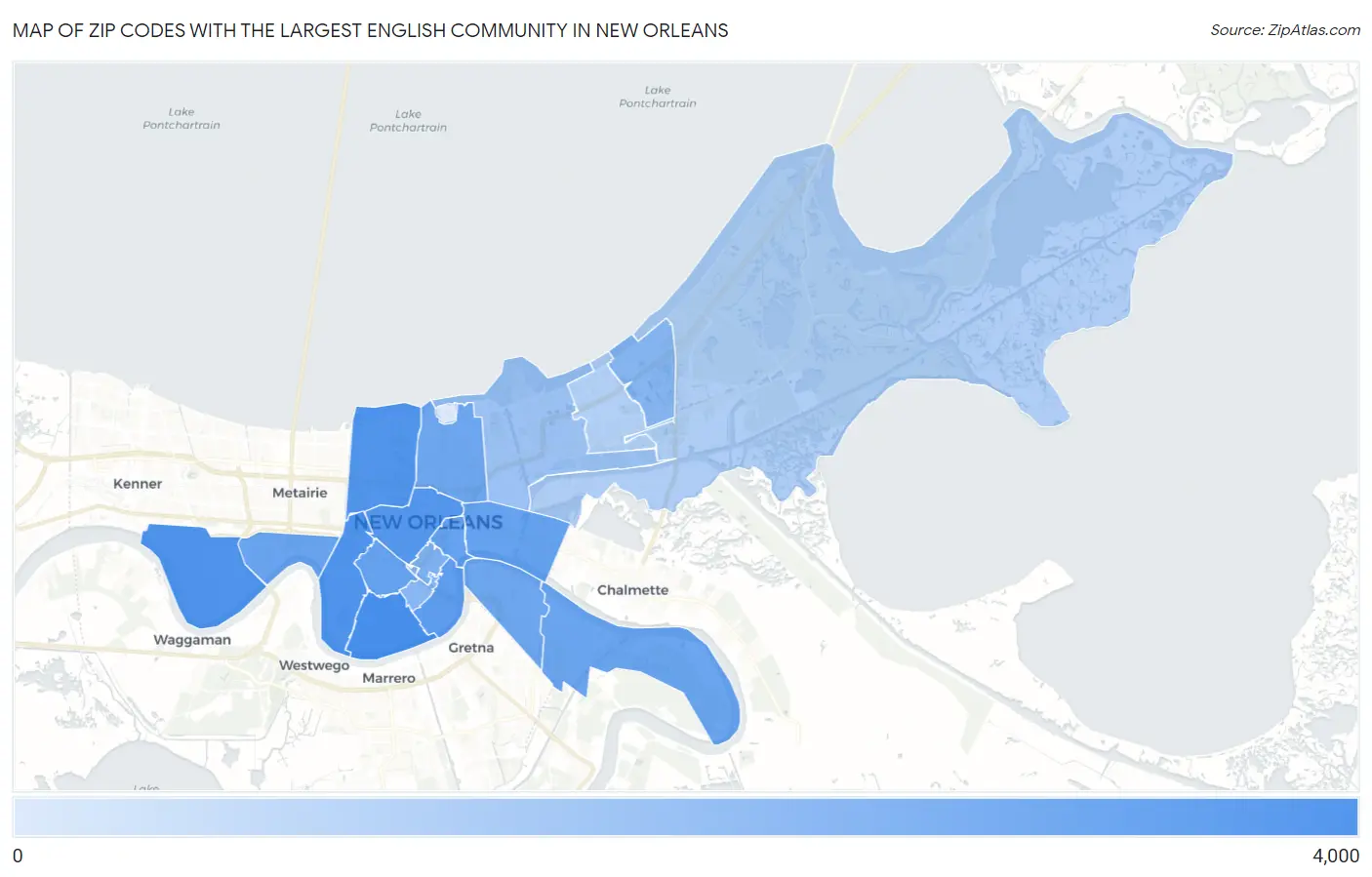 Zip Codes with the Largest English Community in New Orleans Map