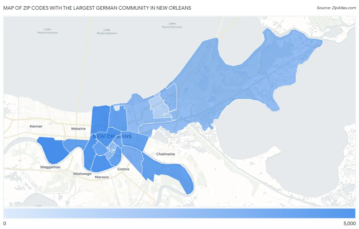 Zip Codes with the Largest German Community in New Orleans Map