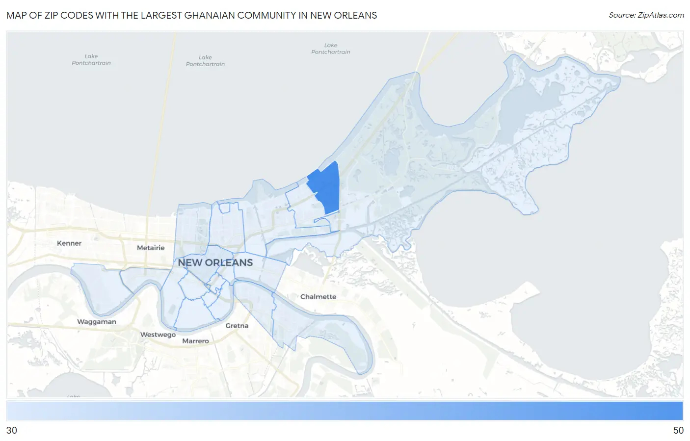 Zip Codes with the Largest Ghanaian Community in New Orleans Map