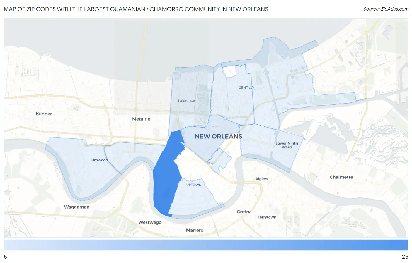 Zip Codes with the Largest Guamanian / Chamorro Community in New Orleans Map