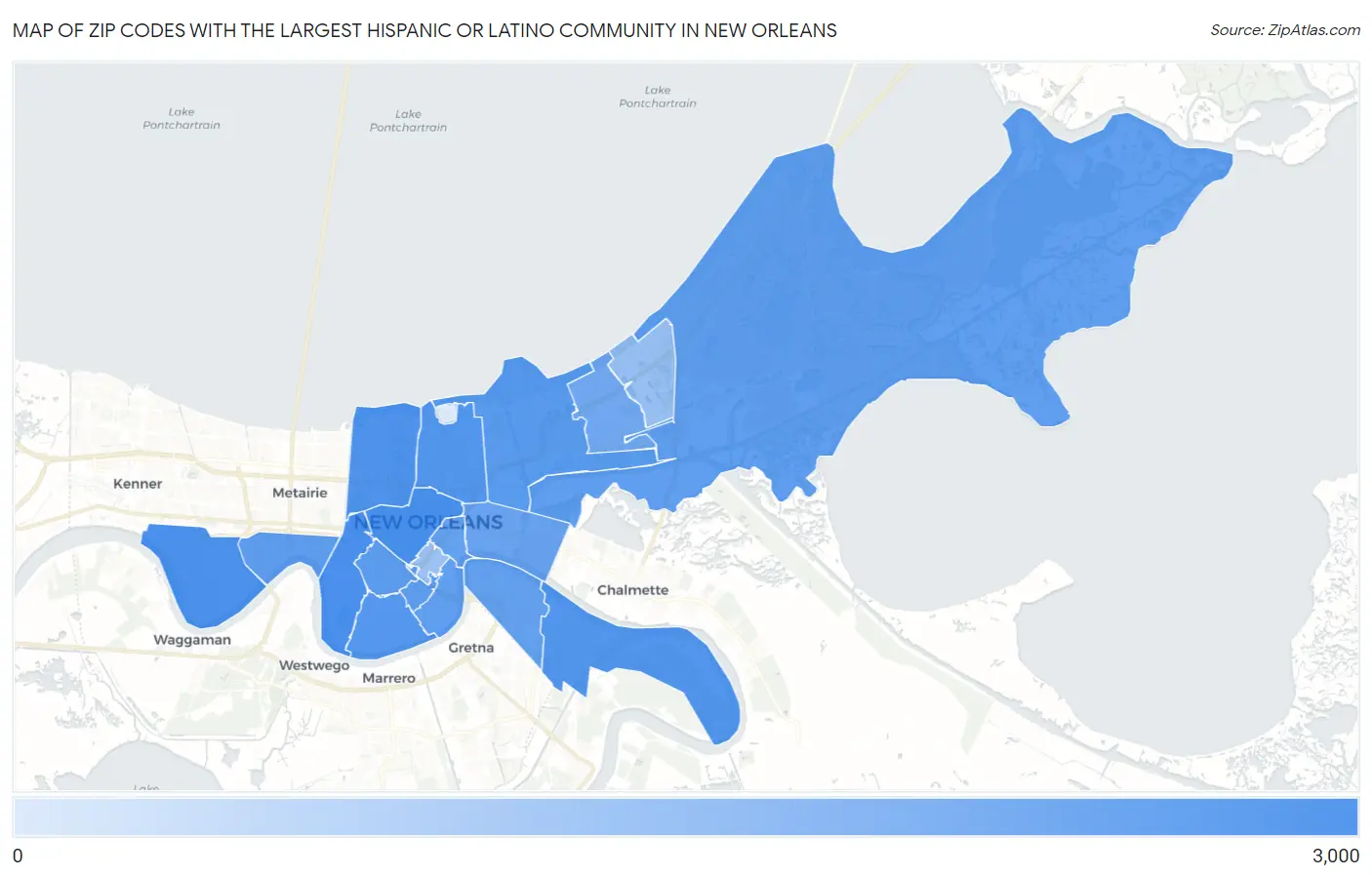 Zip Codes with the Largest Hispanic or Latino Community in New Orleans Map