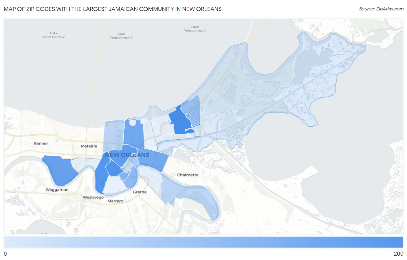Zip Codes with the Largest Jamaican Community in New Orleans Map