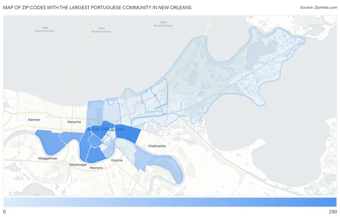 Zip Codes with the Largest Portuguese Community in New Orleans Map