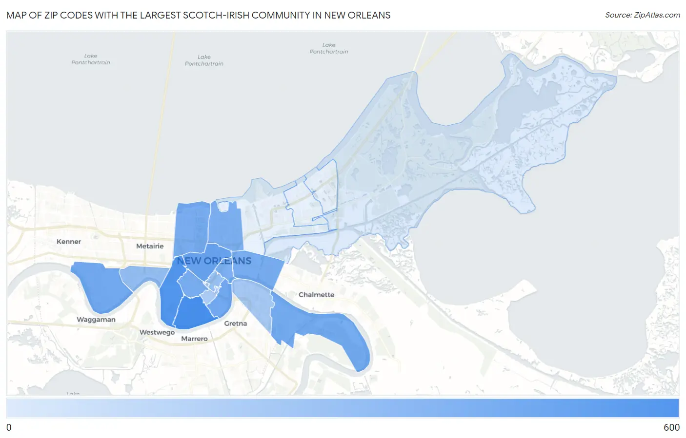 Zip Codes with the Largest Scotch-Irish Community in New Orleans Map