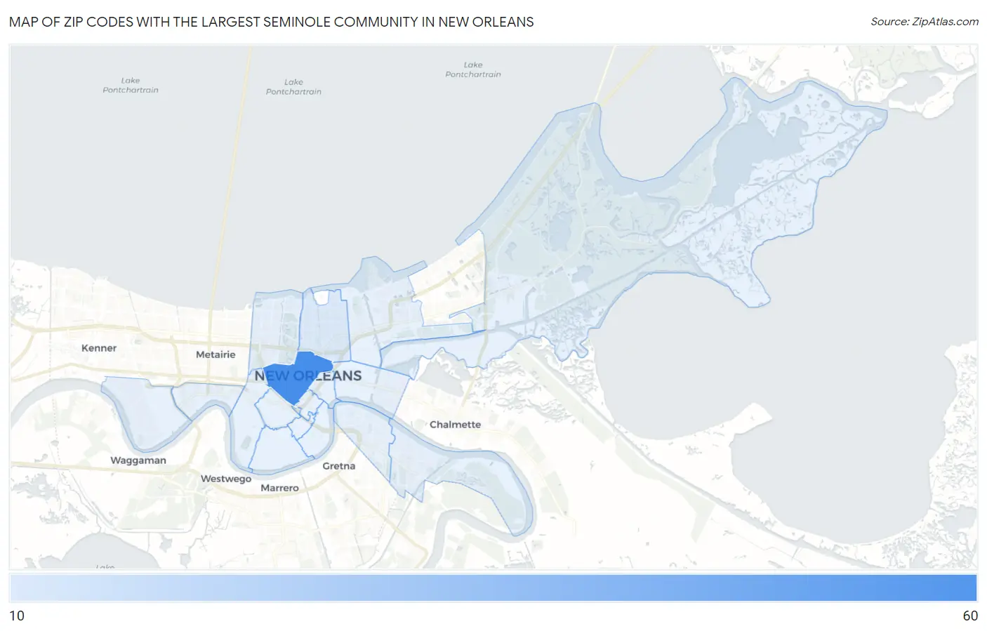 Zip Codes with the Largest Seminole Community in New Orleans Map
