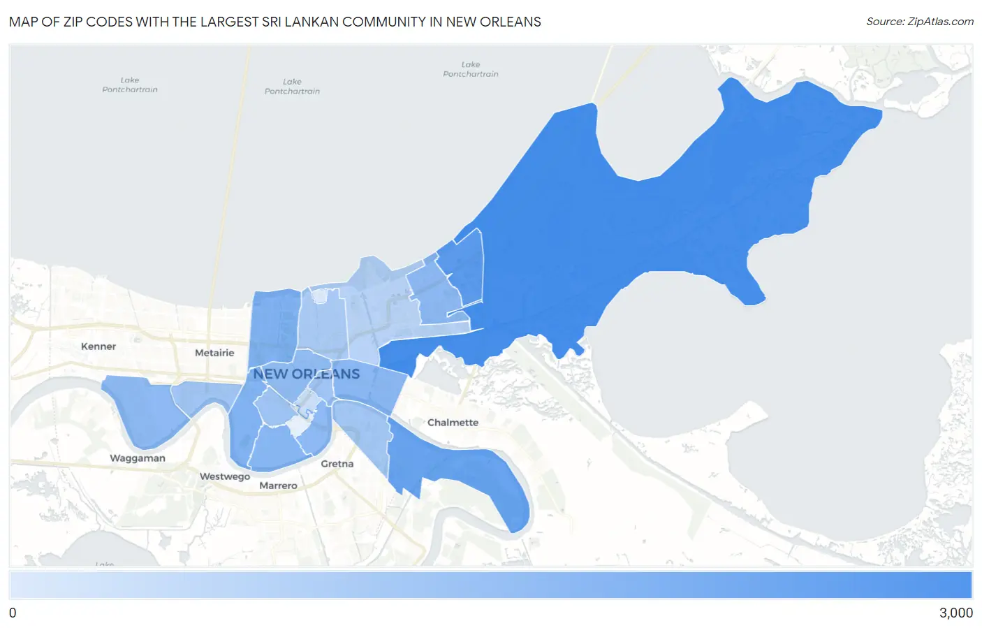 Zip Codes with the Largest Sri Lankan Community in New Orleans Map