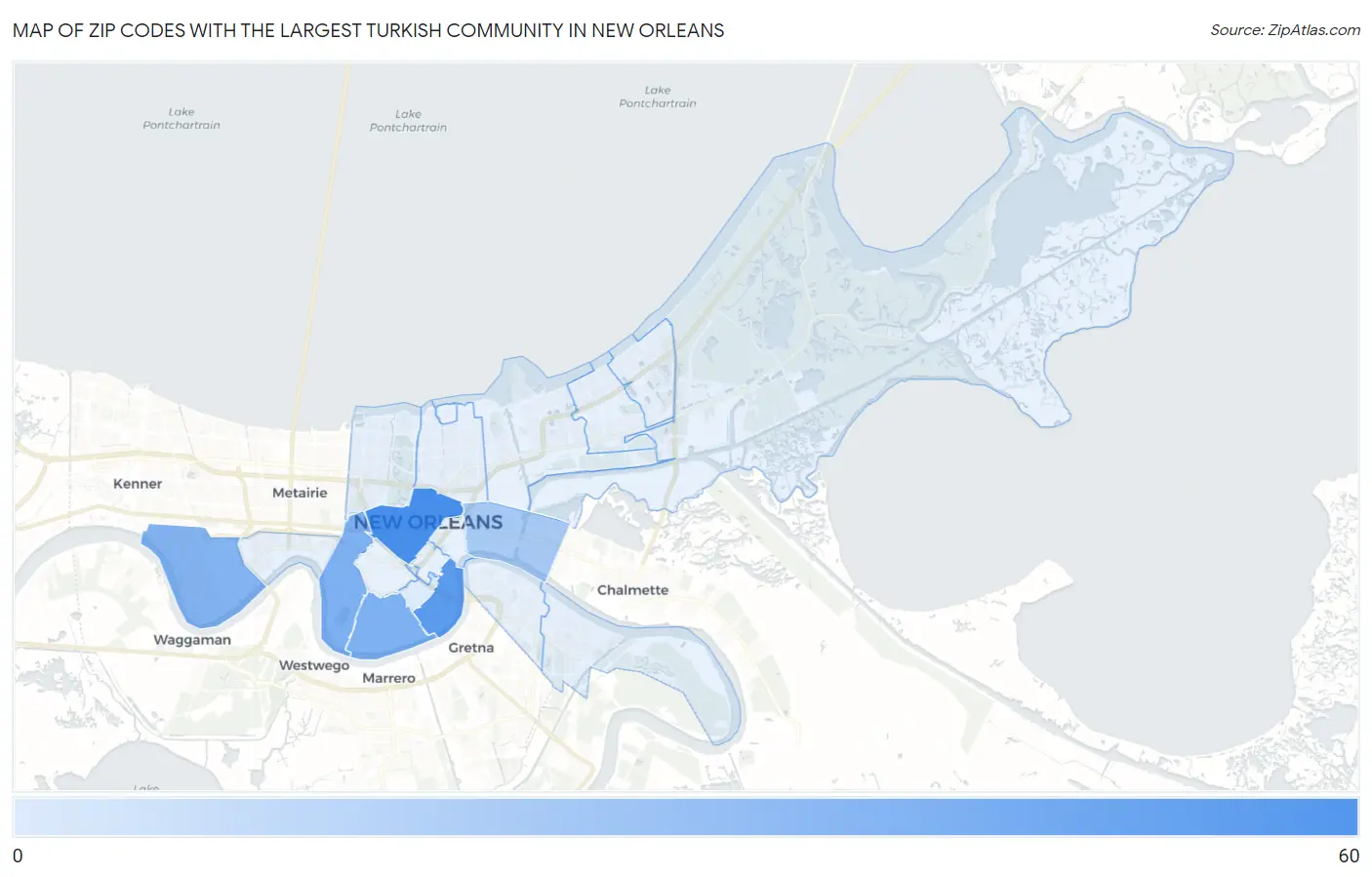 Zip Codes with the Largest Turkish Community in New Orleans Map