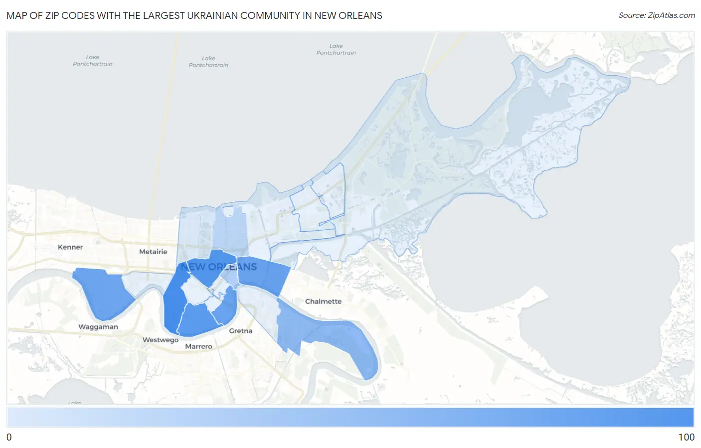 Zip Codes with the Largest Ukrainian Community in New Orleans Map