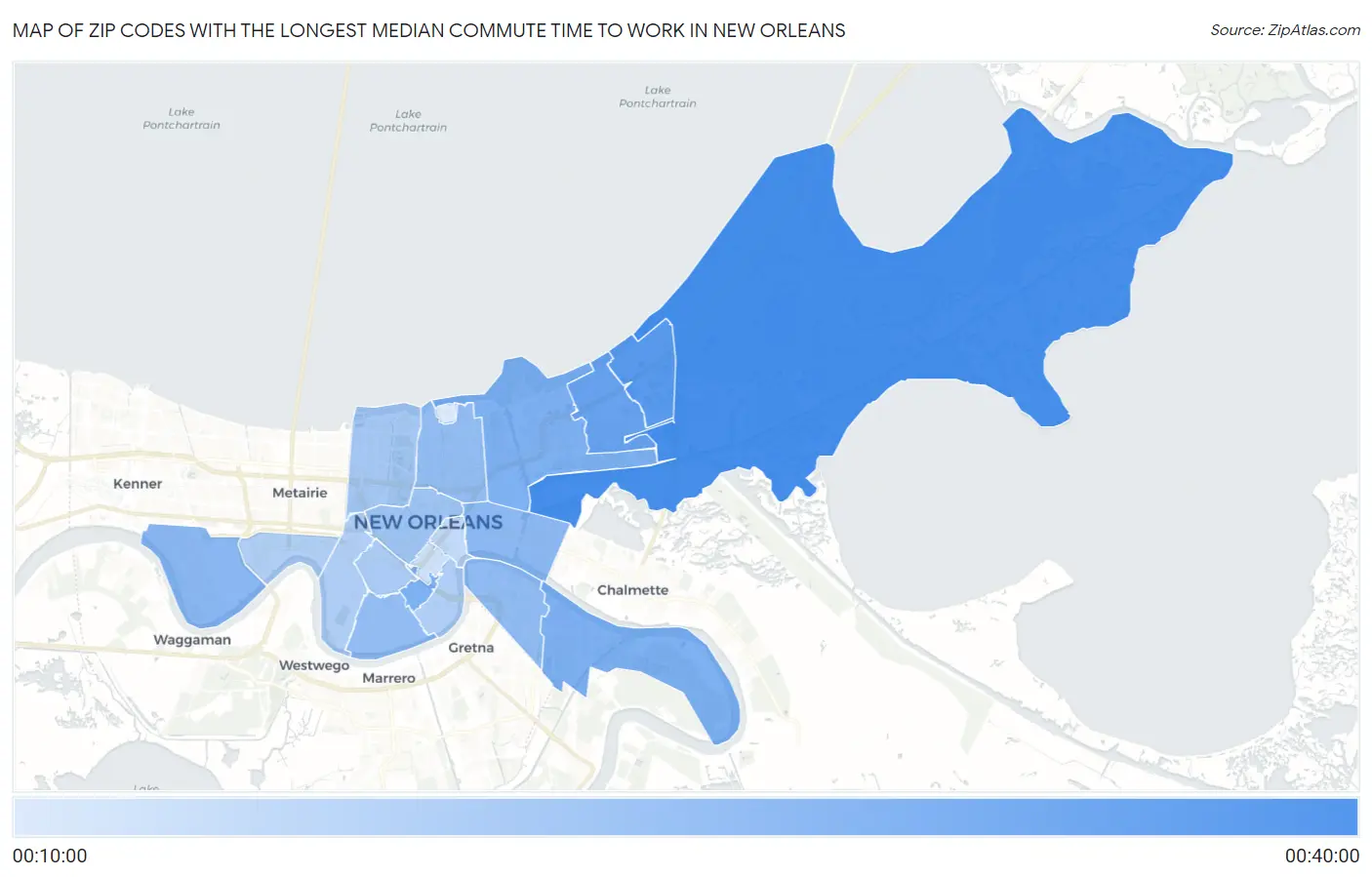Zip Codes with the Longest Median Commute Time to Work in New Orleans Map