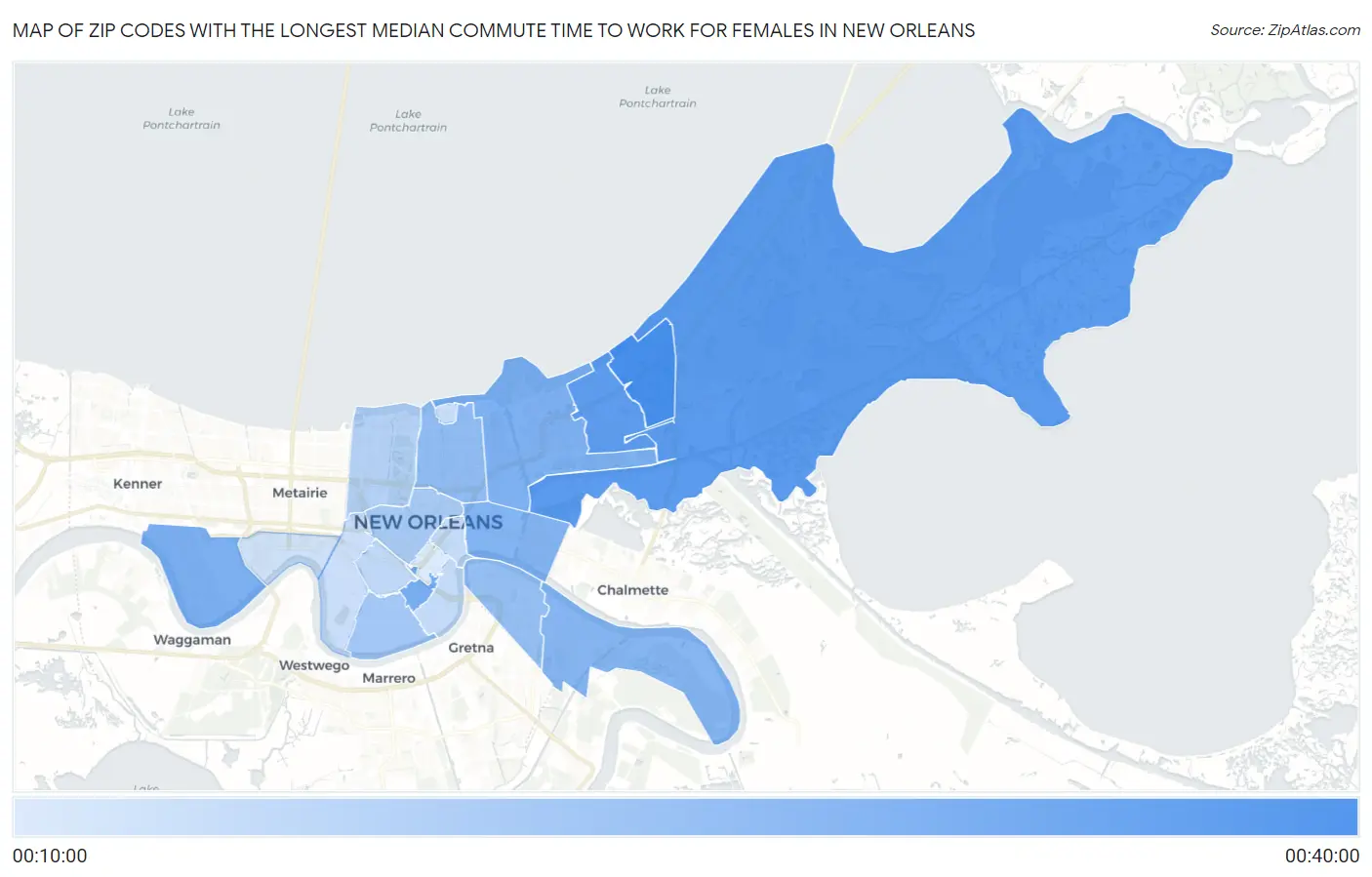 Zip Codes with the Longest Median Commute Time to Work for Females in New Orleans Map