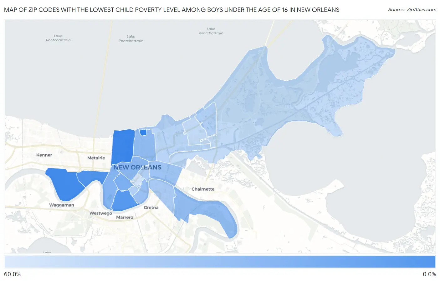 Zip Codes with the Lowest Child Poverty Level Among Boys Under the Age of 16 in New Orleans Map