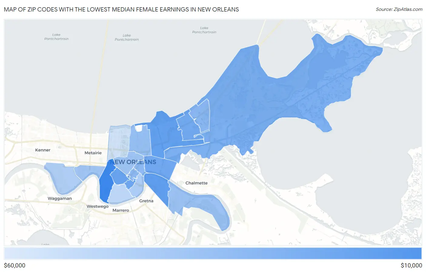Zip Codes with the Lowest Median Female Earnings in New Orleans Map