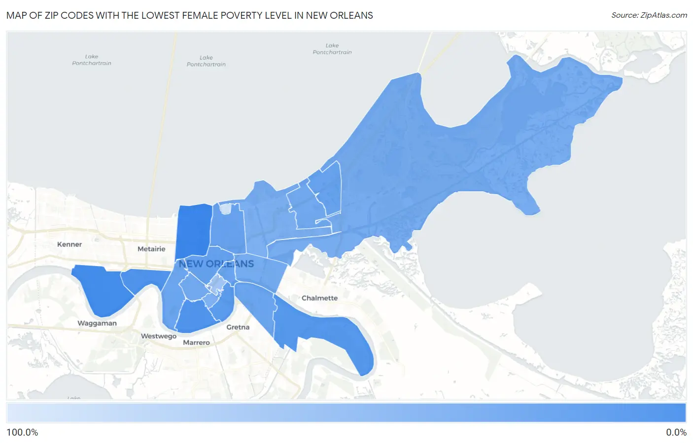 Zip Codes with the Lowest Female Poverty Level in New Orleans Map