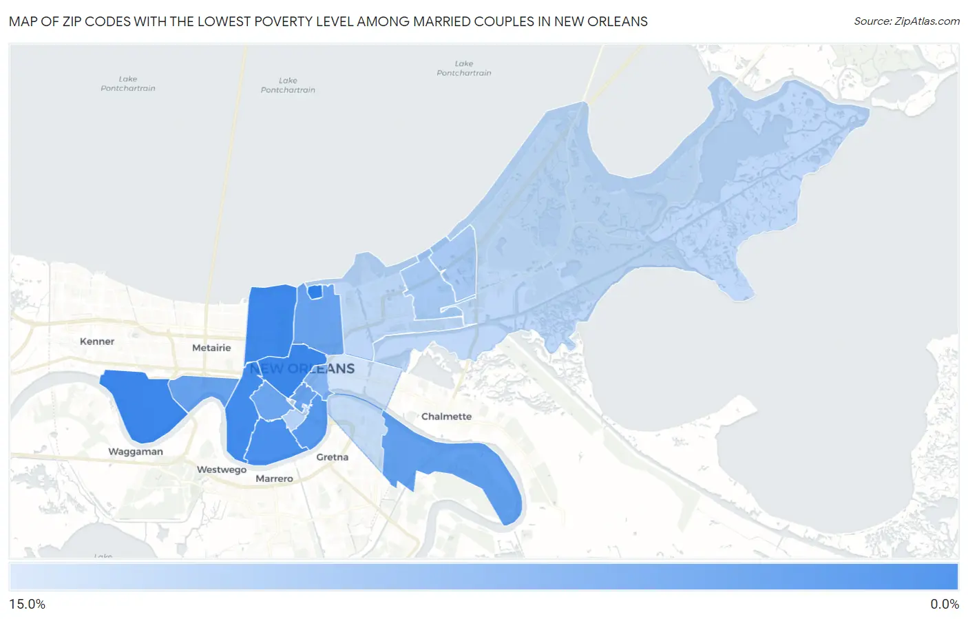 Zip Codes with the Lowest Poverty Level Among Married Couples in New Orleans Map
