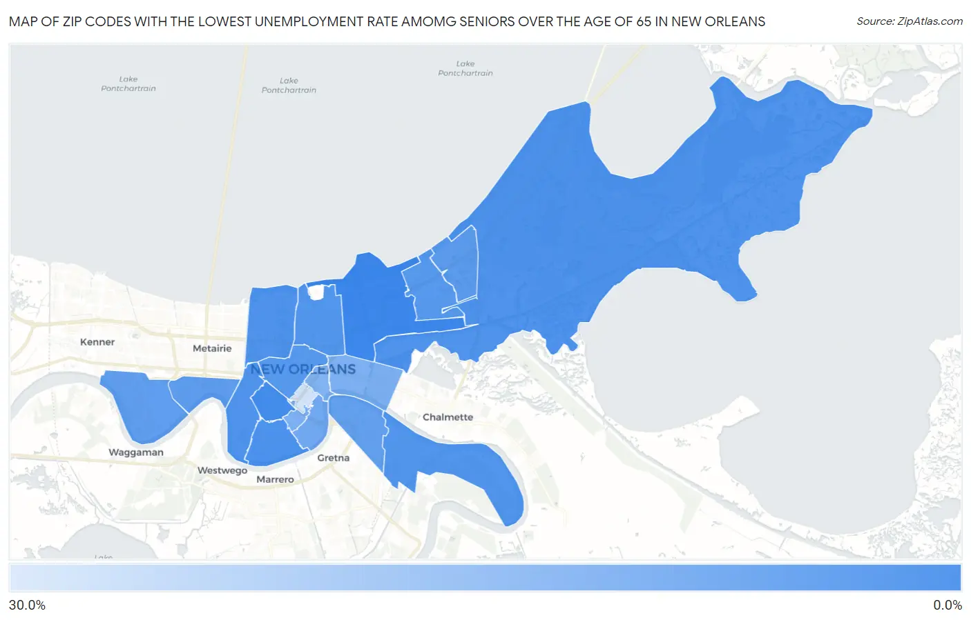 Zip Codes with the Lowest Unemployment Rate Amomg Seniors Over the Age of 65 in New Orleans Map