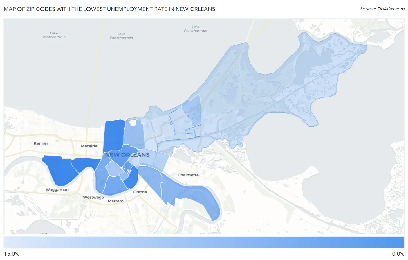 Zip Codes with the Lowest Unemployment Rate in New Orleans Map