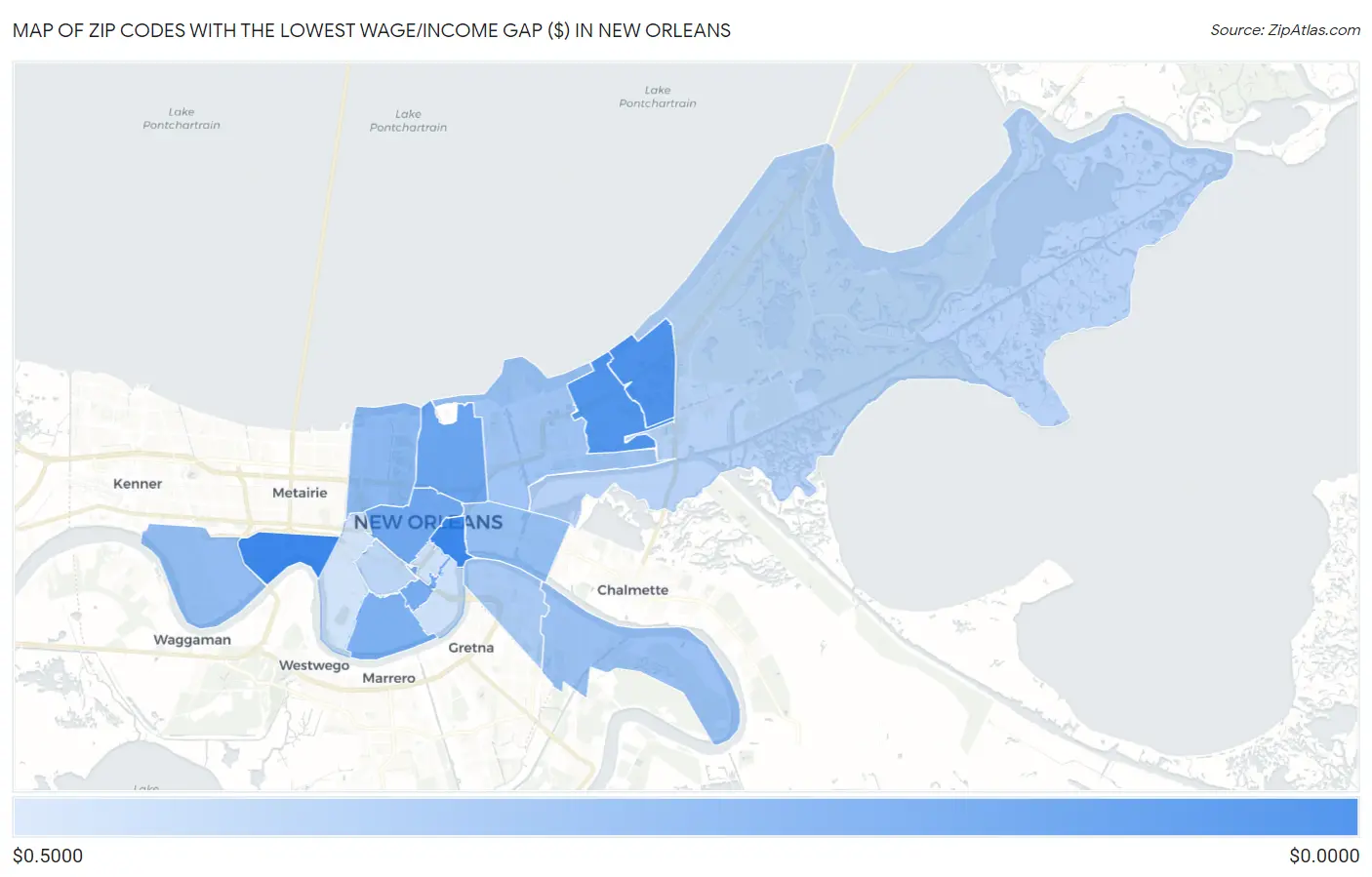 Zip Codes with the Lowest Wage/Income Gap ($) in New Orleans Map