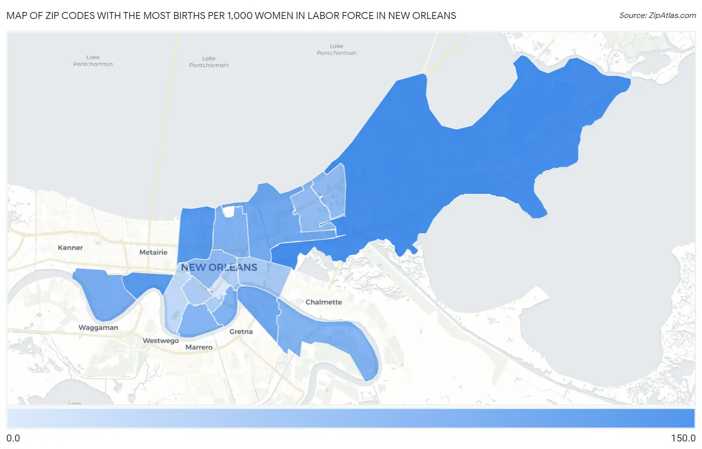 Zip Codes with the Most Births per 1,000 Women in Labor Force in New Orleans Map