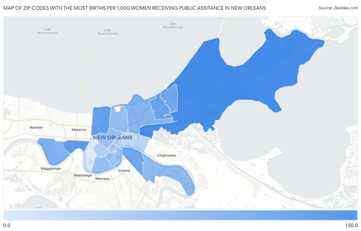 Zip Codes with the Most Births per 1,000 Women Receiving Public Assitance in New Orleans Map