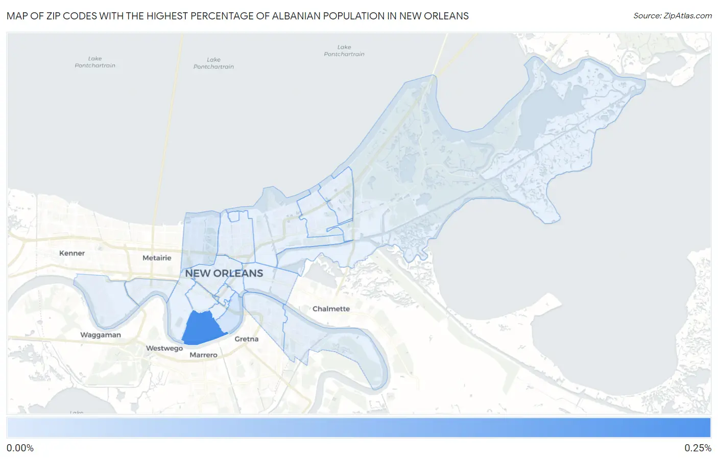 Zip Codes with the Highest Percentage of Albanian Population in New Orleans Map