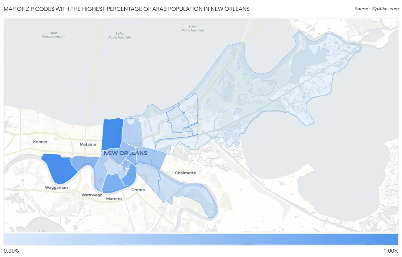 Zip Codes with the Highest Percentage of Arab Population in New Orleans Map