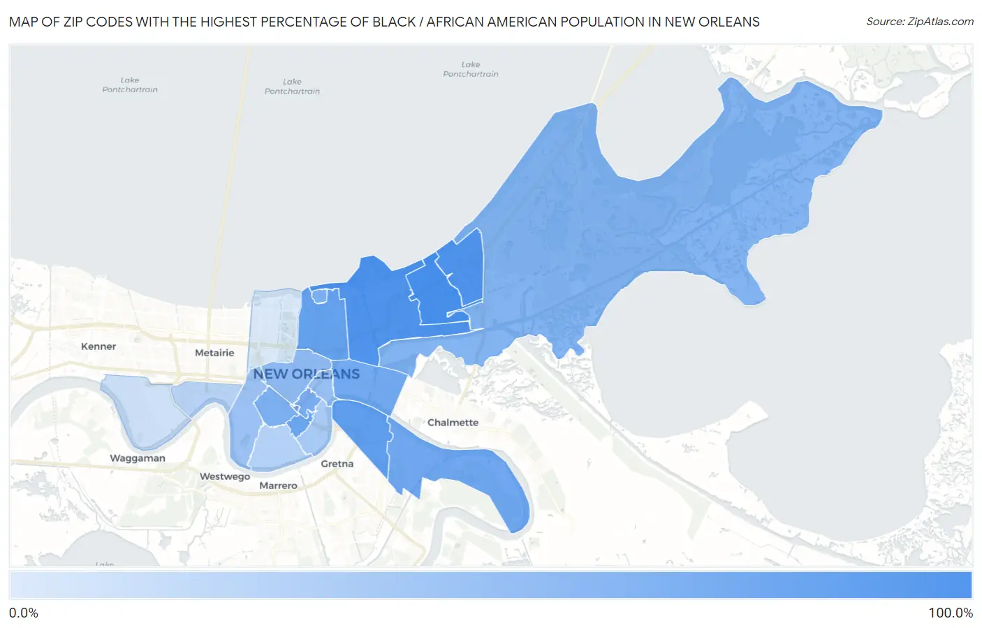 Zip Codes with the Highest Percentage of Black / African American Population in New Orleans Map