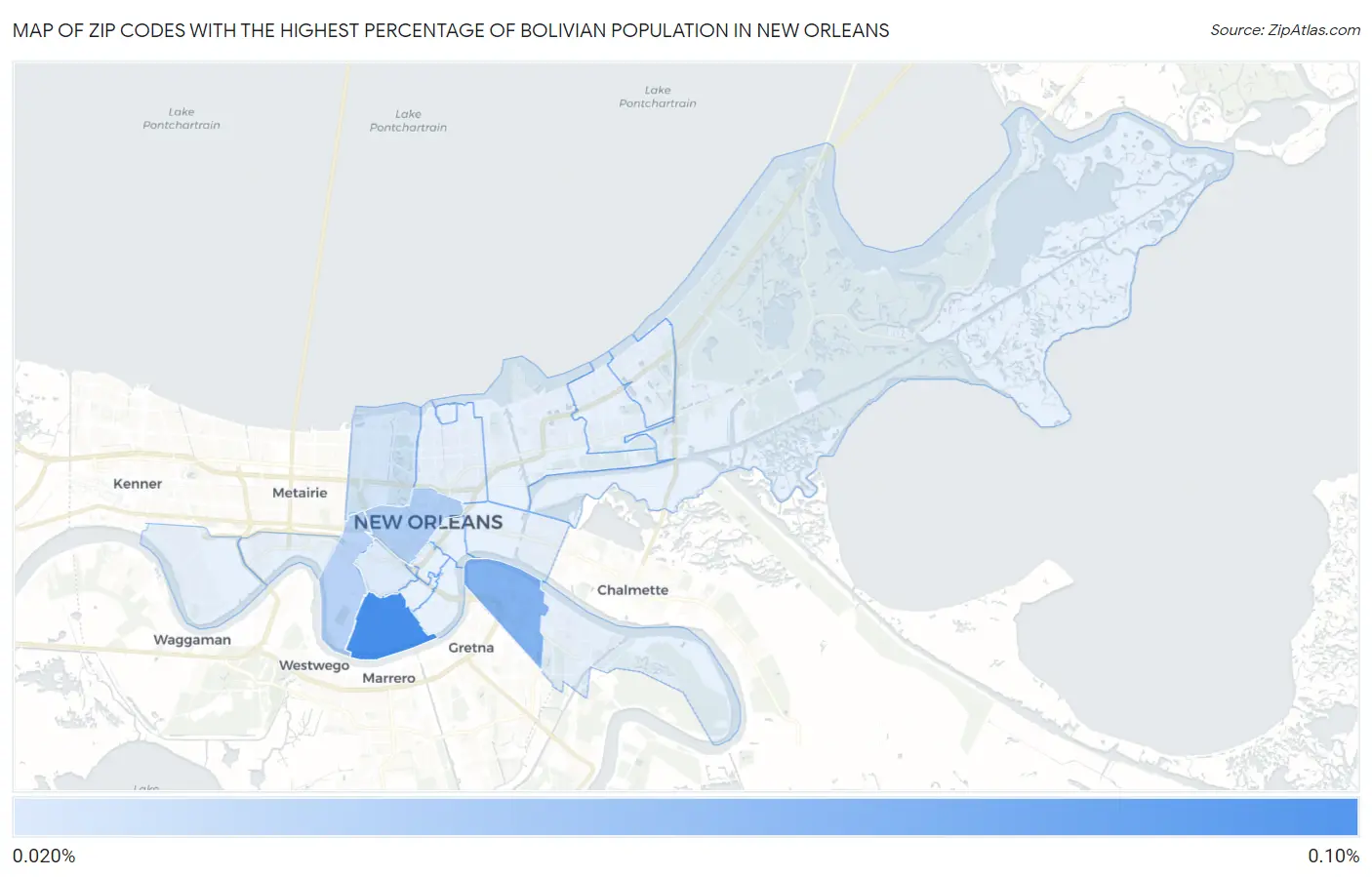 Zip Codes with the Highest Percentage of Bolivian Population in New Orleans Map