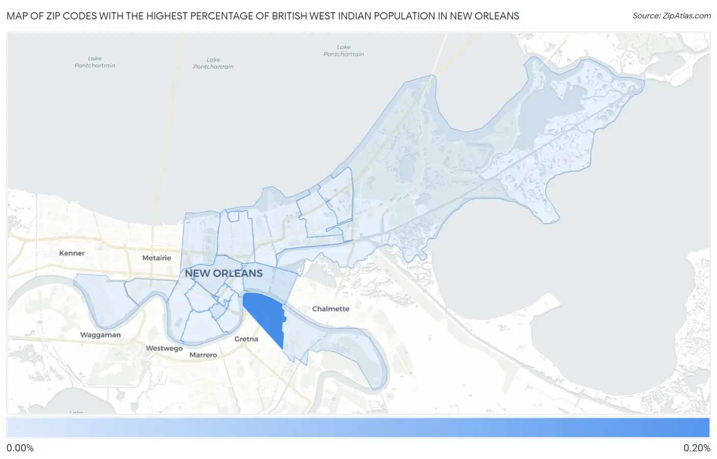 Zip Codes with the Highest Percentage of British West Indian Population in New Orleans Map