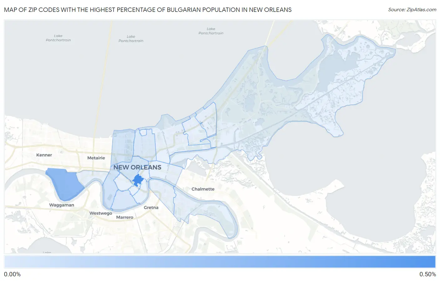 Zip Codes with the Highest Percentage of Bulgarian Population in New Orleans Map