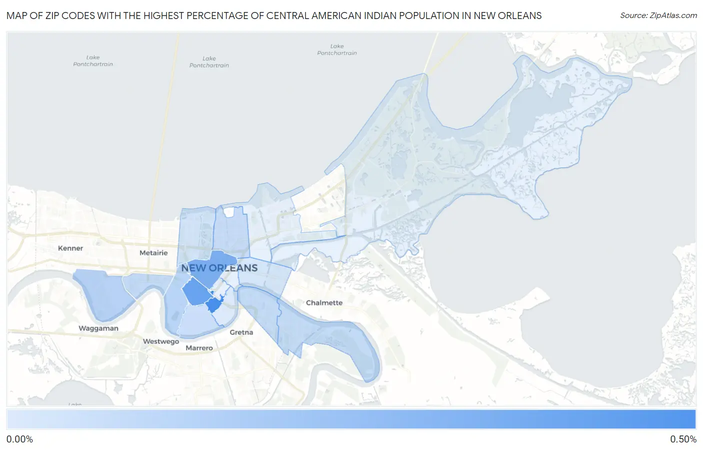 Zip Codes with the Highest Percentage of Central American Indian Population in New Orleans Map