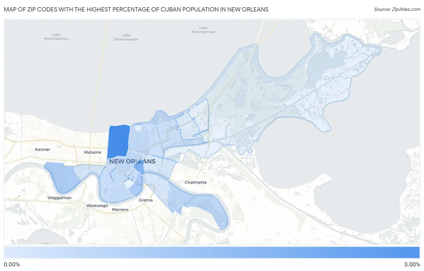 Zip Codes with the Highest Percentage of Cuban Population in New Orleans Map