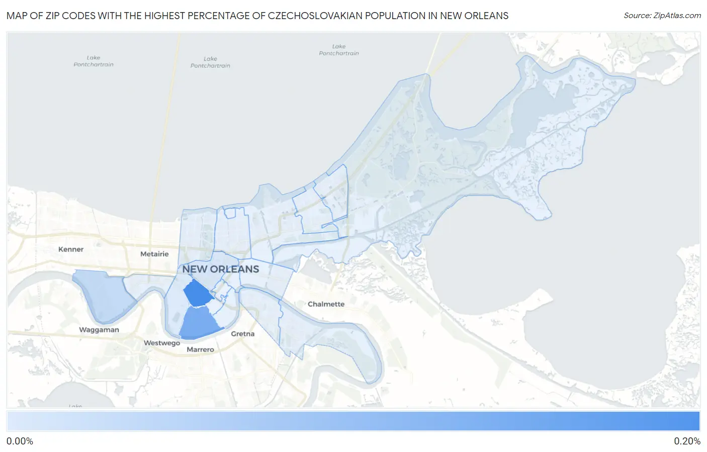 Zip Codes with the Highest Percentage of Czechoslovakian Population in New Orleans Map