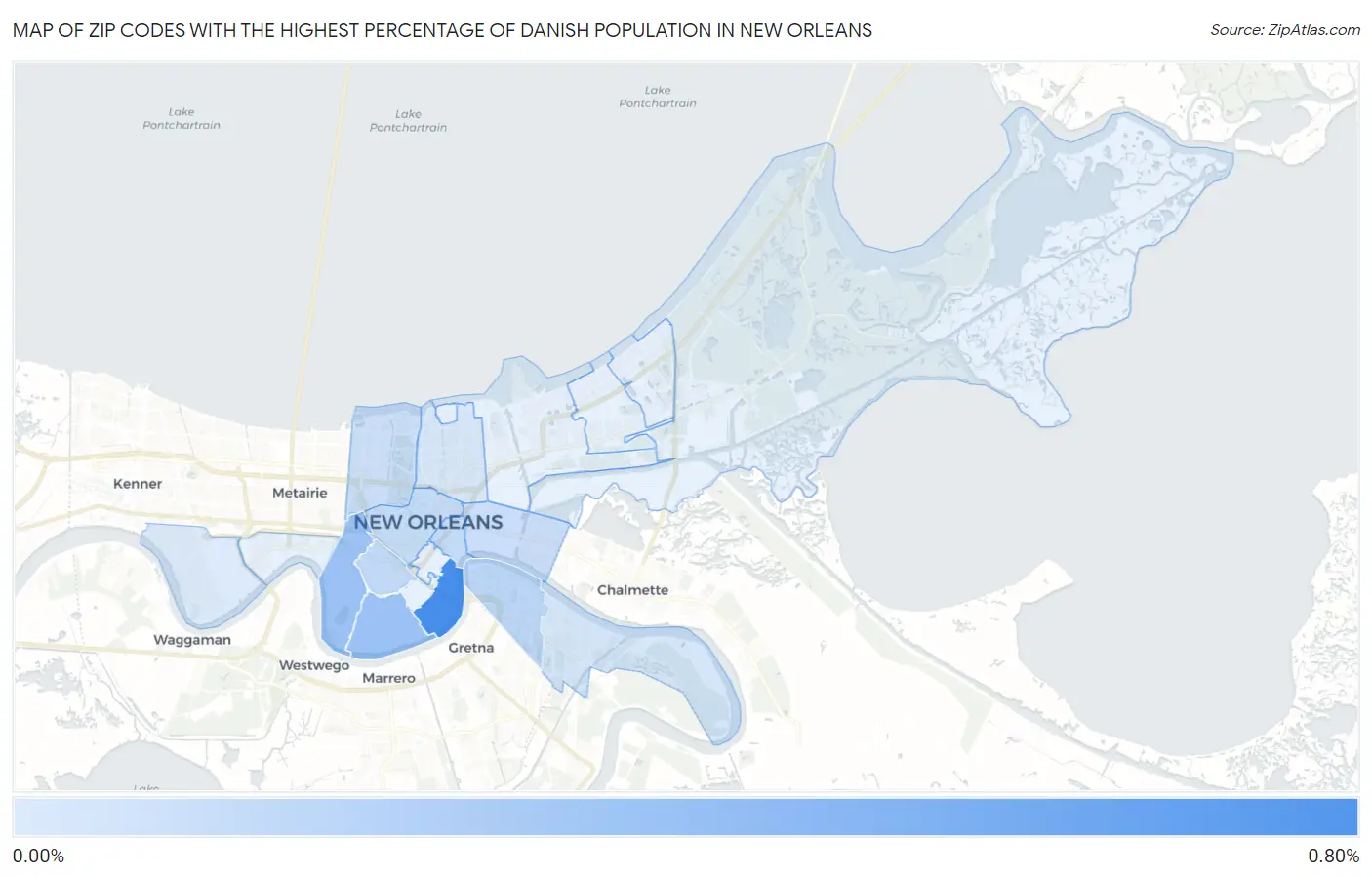 Zip Codes with the Highest Percentage of Danish Population in New Orleans Map