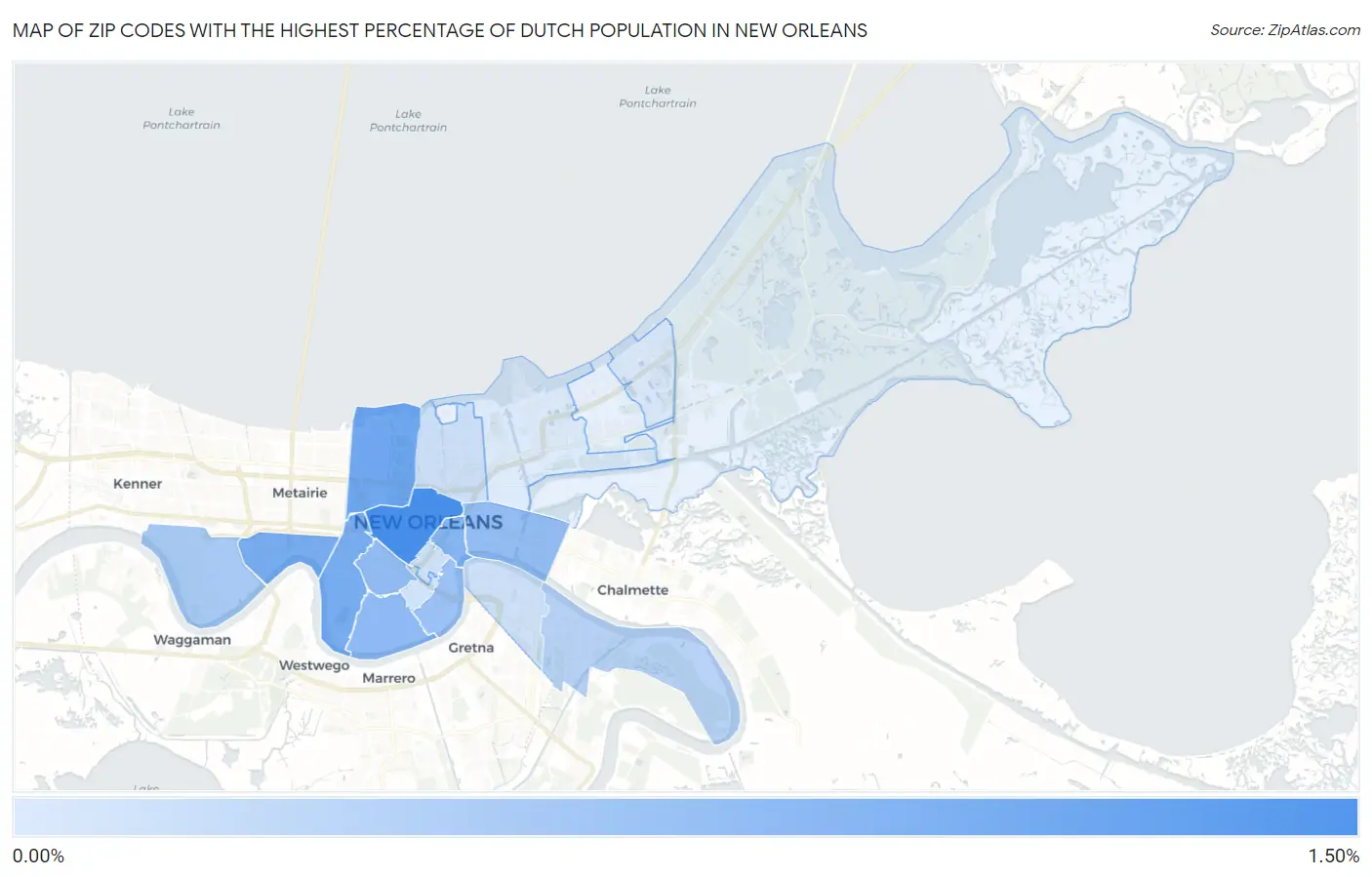 Zip Codes with the Highest Percentage of Dutch Population in New Orleans Map