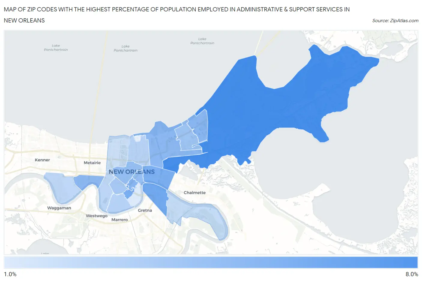 Zip Codes with the Highest Percentage of Population Employed in Administrative & Support Services in New Orleans Map