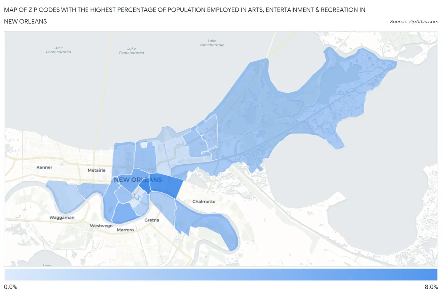 Zip Codes with the Highest Percentage of Population Employed in Arts, Entertainment & Recreation in New Orleans Map