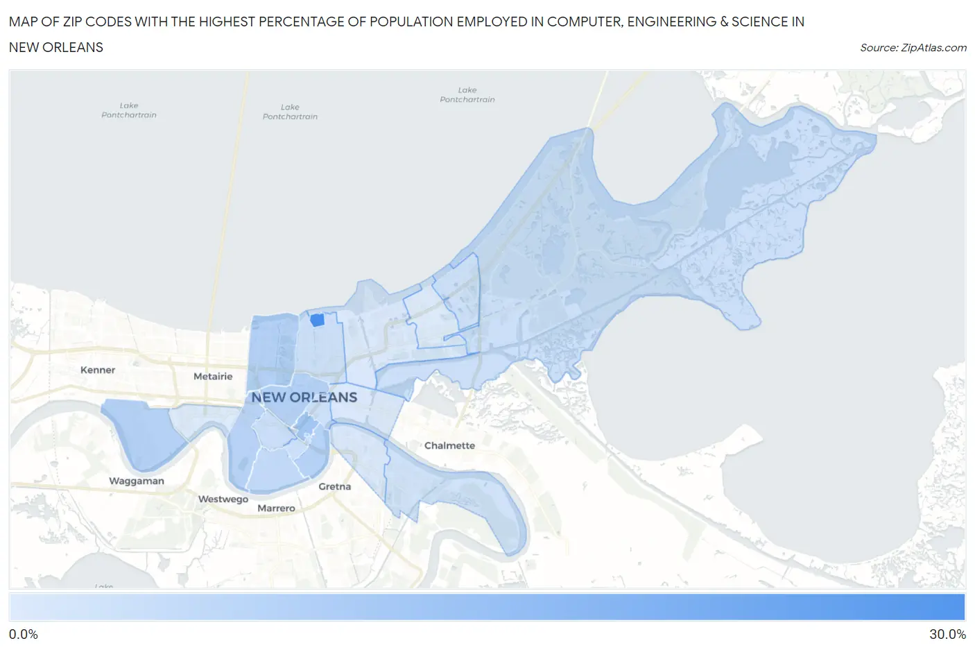 Zip Codes with the Highest Percentage of Population Employed in Computer, Engineering & Science in New Orleans Map