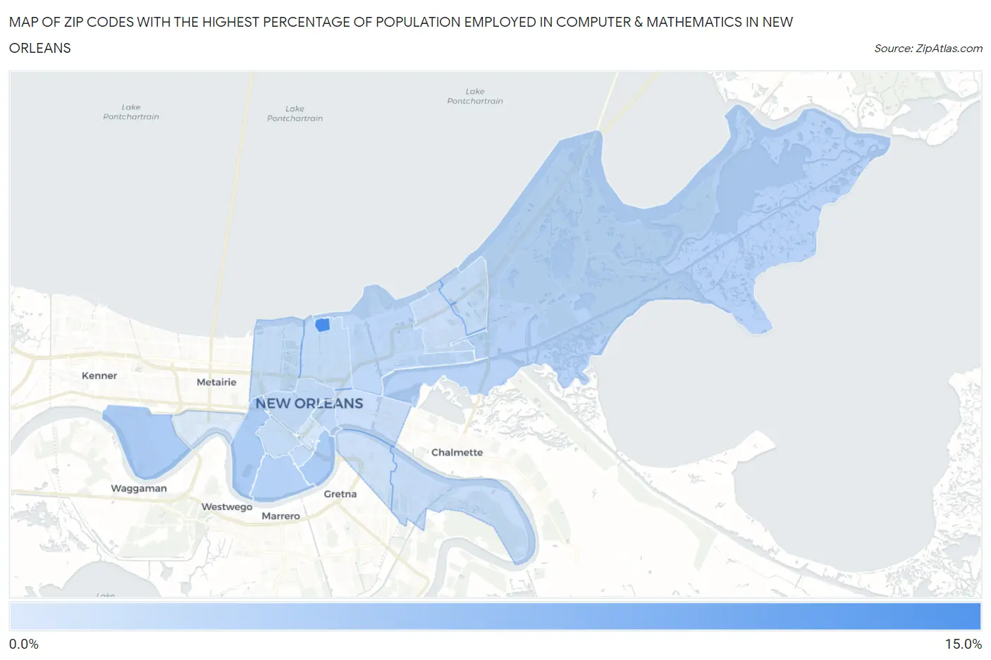 Zip Codes with the Highest Percentage of Population Employed in Computer & Mathematics in New Orleans Map