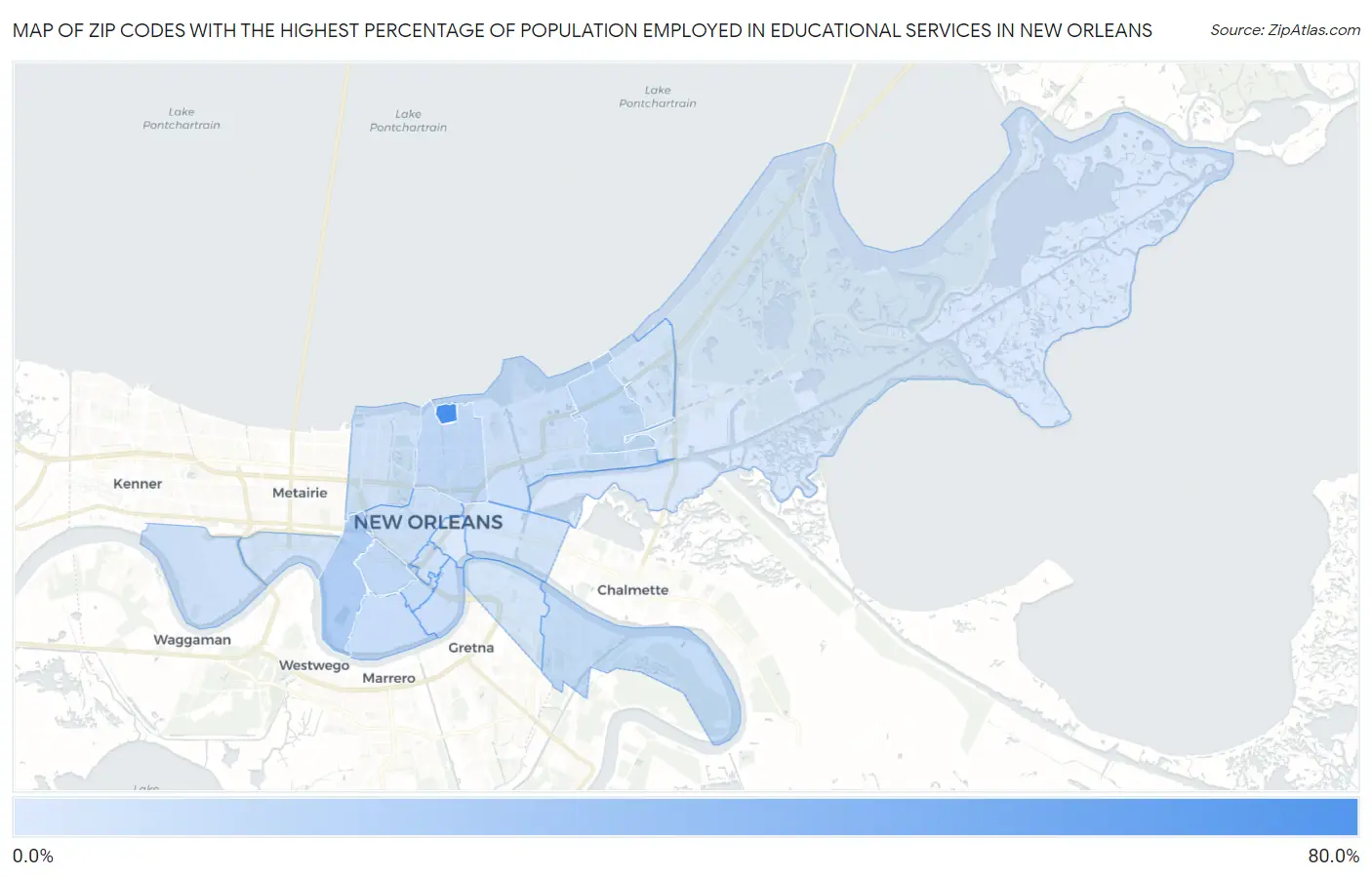 Zip Codes with the Highest Percentage of Population Employed in Educational Services in New Orleans Map
