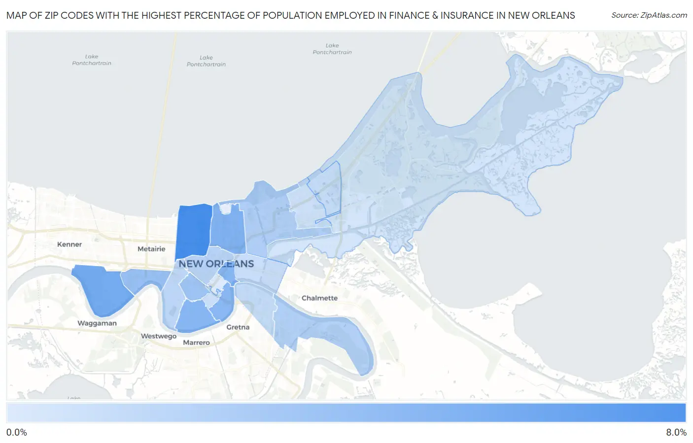 Zip Codes with the Highest Percentage of Population Employed in Finance & Insurance in New Orleans Map