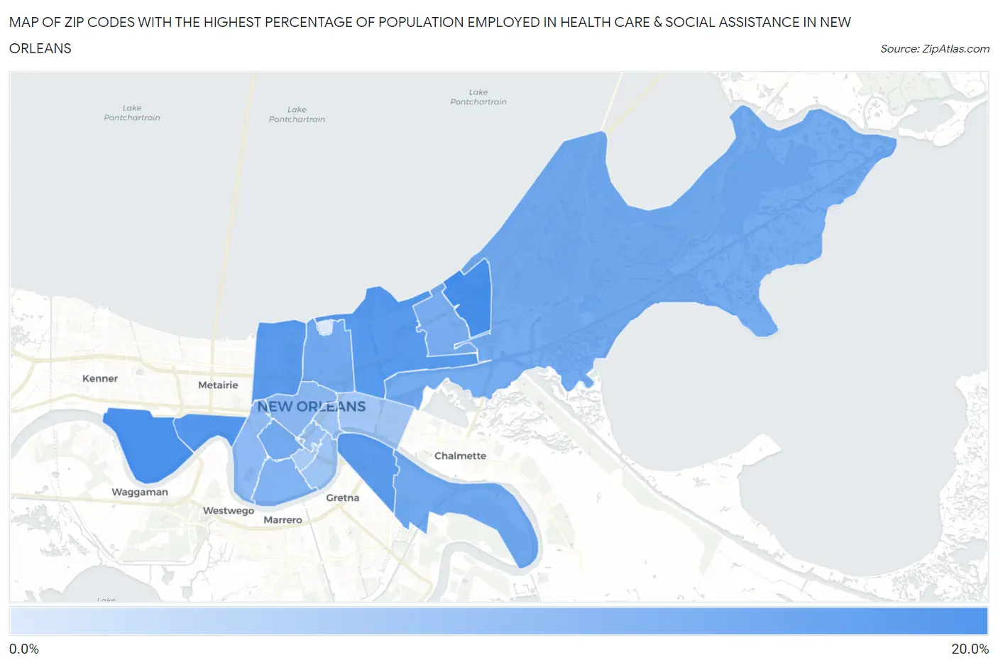 Zip Codes with the Highest Percentage of Population Employed in Health Care & Social Assistance in New Orleans Map