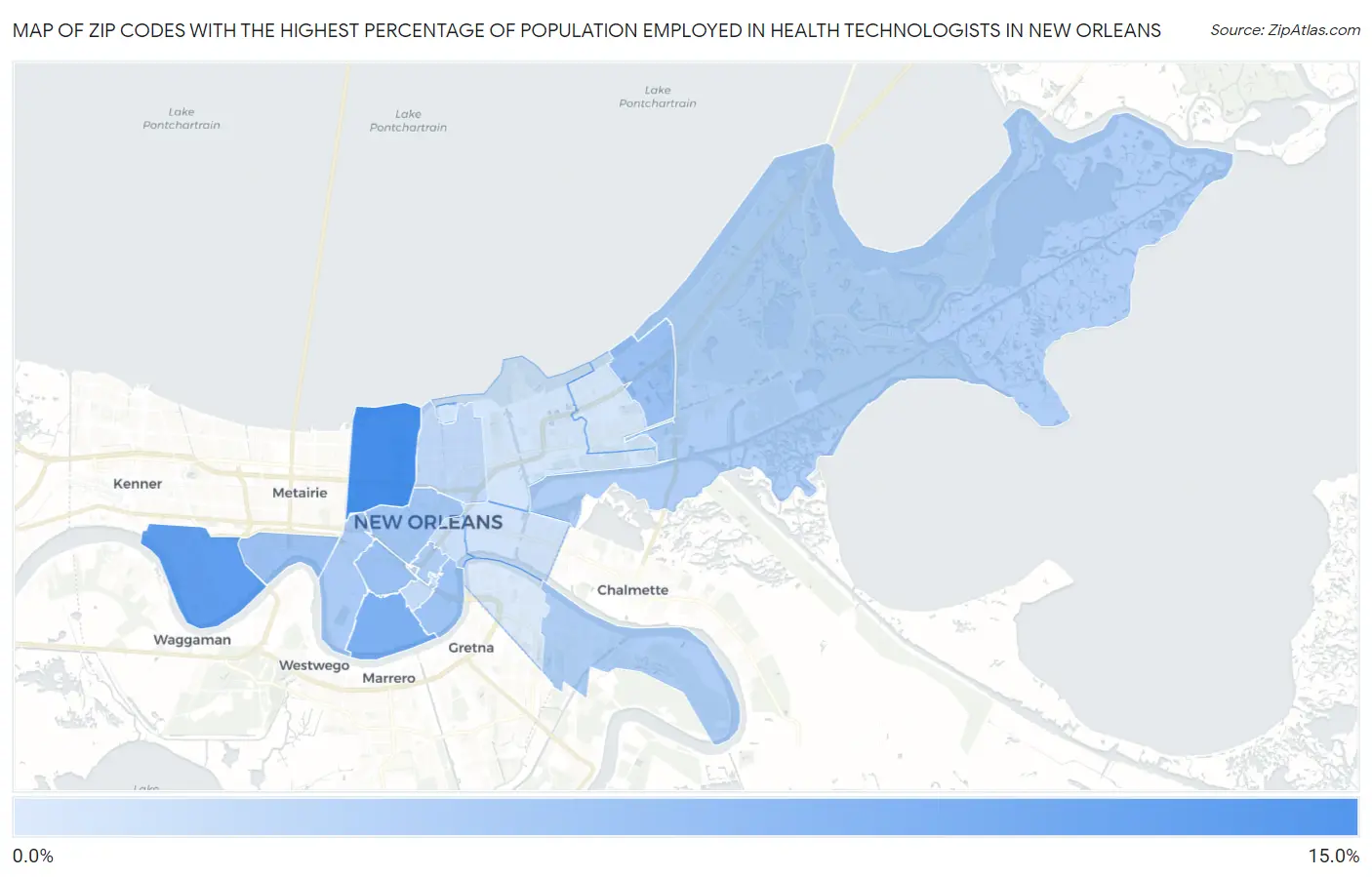 Zip Codes with the Highest Percentage of Population Employed in Health Technologists in New Orleans Map